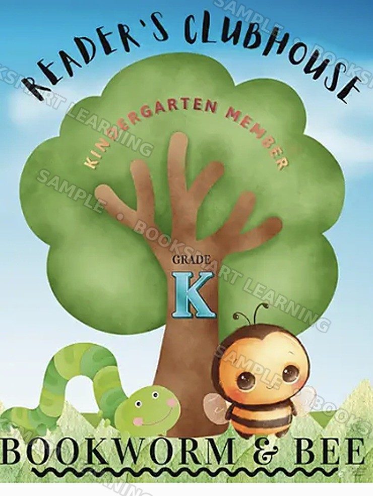 Bookworm and Bee reading journal for kindergarten — a fun kids reading log and letter practice notebook with a friendly bee and bookworm
