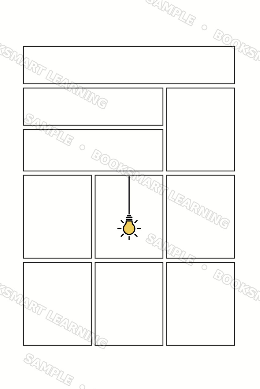 Bright Ideas Journal comic-panel idea grid with hanging lightbulb illustration, sample preview
