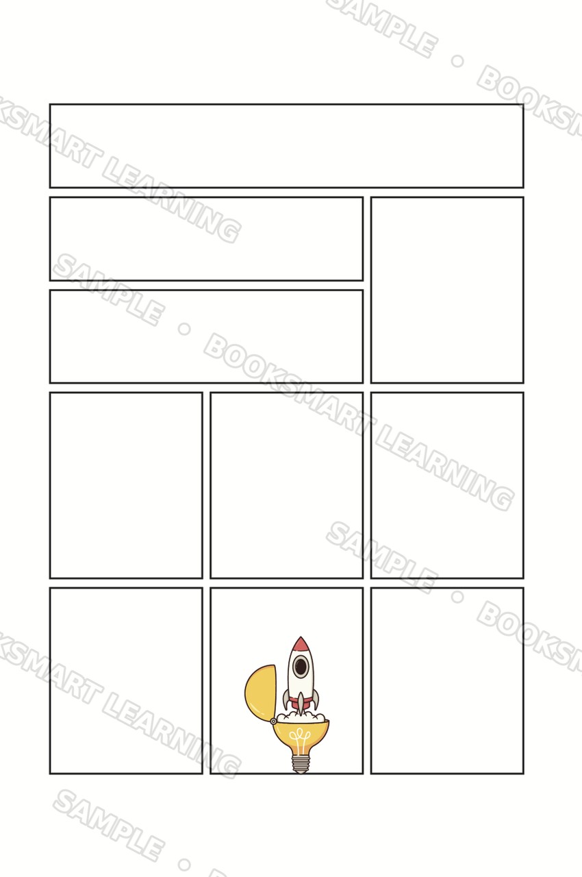 Bright Ideas Journal comic-panel idea grid with rocket illustration, sample preview
