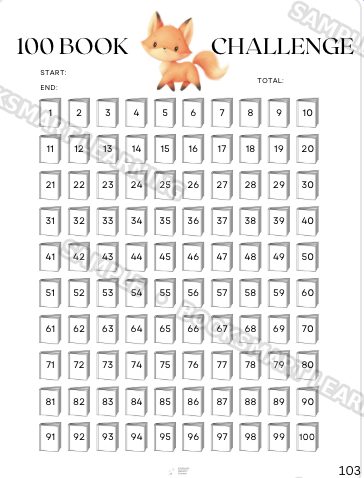 Read Every Day 100 Book Challenge tracker interior page, sample preview